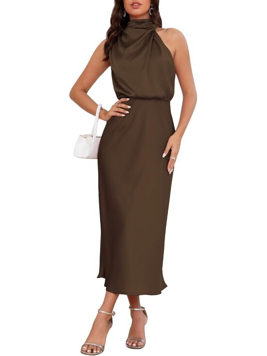 Dresses & Skirts - Women Coffee Brown Satin Elegant Formal Sleeveless Mock Neck Cocktail Maxi Dress